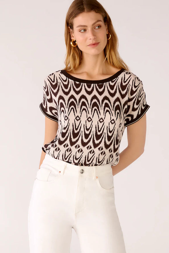 Oui Two-Patterned Top Dark Brown & White