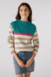 Oui Knit Striped Jumper Stone/Green