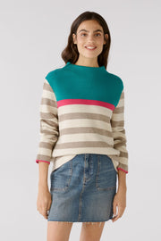 Oui Knit Striped Jumper Stone/Green