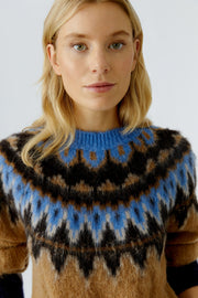 Oui Knit Jumper Dark Camel/Blue Print