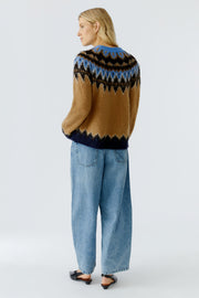 Oui Knit Jumper Dark Camel/Blue Print