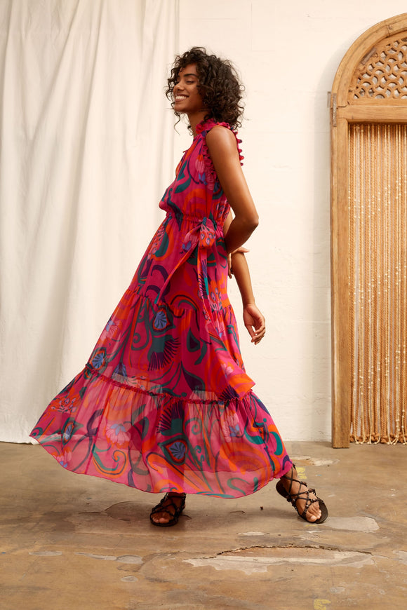 Chiffon Maxi Dress Abstract Print Pink/Orange