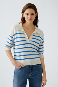 Oui Knit Striped V-Neck Polo Sweater Off-white/Blue