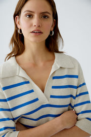 Oui Knit Striped V-Neck Polo Sweater Off-white/Blue