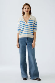 Oui Knit Striped V-Neck Polo Sweater Off-white/Blue