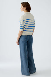 Oui Knit Striped V-Neck Polo Sweater Off-white/Blue