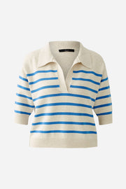 Oui Knit Striped V-Neck Polo Sweater Off-white/Blue