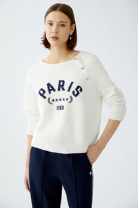 Oui Knit Sweater With Dec Button Placket White/Navy