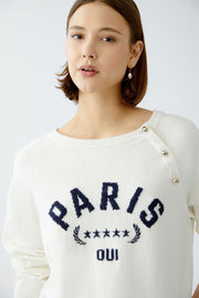 Oui Knit Sweater With Dec Button Placket White/Navy