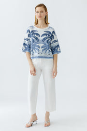 Oui Knit Jumper Blue/White Print