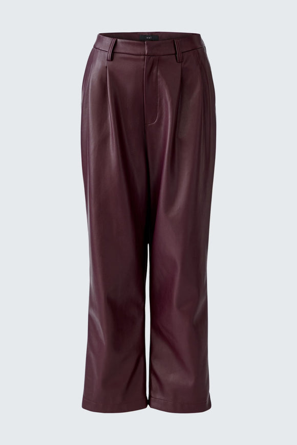 Oui Pleated Faux Leather Trouser Dark Bordeaux