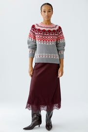 Oui Knit Sweater Grey/Red Fairisle