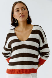 Oui Knit Striped Jumper White/Brown