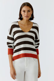 Oui Knit Striped Jumper White/Brown