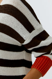 Oui Knit Striped Jumper White/Brown