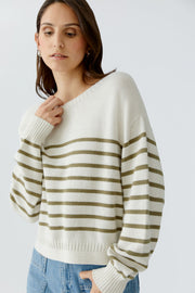 Oui Knit Striped Jumper White/Green