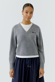 Oui Knit Sweater With Built-in Crew Neck Insert Grey/White