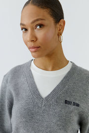Oui Knit Sweater With Built-in Crew Neck Insert Grey/White