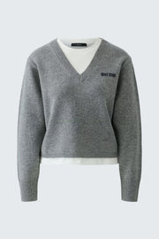 Oui Knit Sweater With Built-in Crew Neck Insert Grey/White