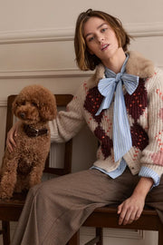 Oui Knit Cardigan With Detachable Faux Fur Collar & Argyle Pattern