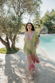 Piti Cuiti Curacao Dress With Ruffle Sleeves Green/Pink Print