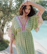Piti Cuiti Curacao Dress With Ruffle Sleeves Green/Pink Print