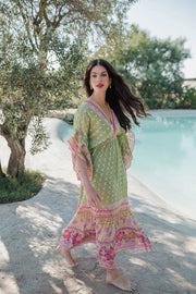 Piti Cuiti Curacao Dress With Ruffle Sleeves Green/Pink Print