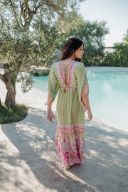 Piti Cuiti Curacao Dress With Ruffle Sleeves Green/Pink Print