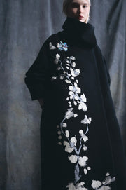 Psophia Long Coat With Floral Embroidery Black