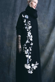 Psophia Long Coat With Floral Embroidery Black