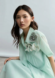 Psophia Aquamarine Midi Dress With Floral Appliqué