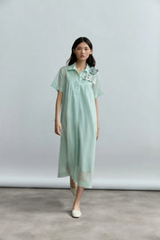 Psophia Aquamarine Midi Dress With Floral Appliqué