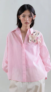 Psophia Pale Pink Voluminous Shirt With Floral Appliqué