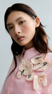Psophia Pale Pink Voluminous Shirt With Floral Appliqué