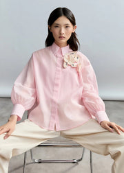 Psophia Pale Pink Voluminous Shirt With Floral Appliqué