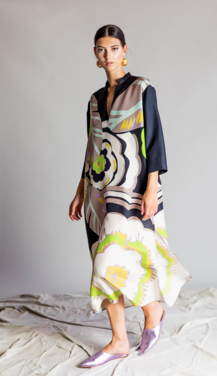 Psophia Silk Dress with Abstract Flower Print