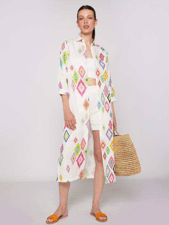 Antonella Linen Shirt Dress With Ikat Print