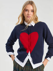 Vilagallo Knit Navy Cardigan With Intarsia Red Heart