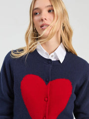 Vilagallo Knit Navy Cardigan With Intarsia Red Heart