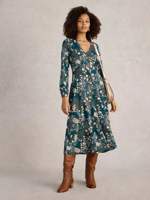 White Stuff Megan Jersey Midi Dress Teal Print