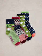 White Stuff 4 PK Counting Sheep Ankle Socks Green MLT