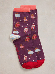 White Stuff Cosy Robin Sock In A Cracker Plum MLT