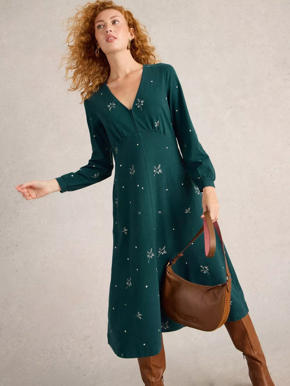 White Stuff Megan Embroidered Jersey Dress Teal MLT