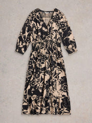 White Stuff Jonie Shirred Jersey Dress Black Print