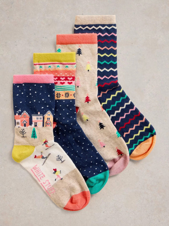 White Stuff 4 Pk Christmas Ankle Socks Navy MLT