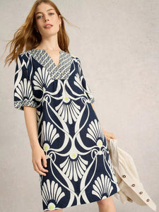 White Stuff Ash Linen Dress Navy Print