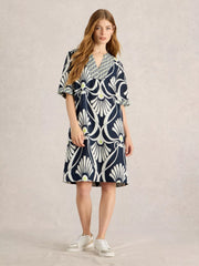 White Stuff Ash Linen Dress Navy Print