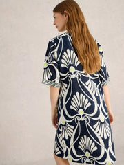 White Stuff Ash Linen Dress Navy Print