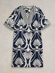 White Stuff Ash Linen Dress Navy Print