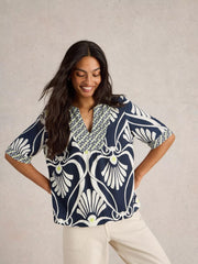 White Stuff Ash Linen Blend Top Navy Print